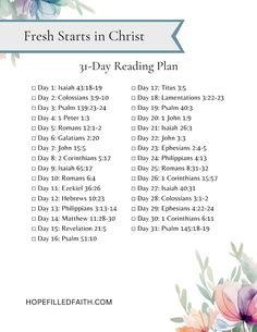 a printable fresh starts in christ 31 - day reading plan with flowers on it