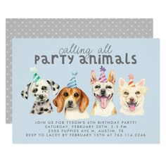 a birthday card with three dogs wearing party hats and the words, eating all party animals