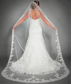 the back of a bride's wedding dress and veil