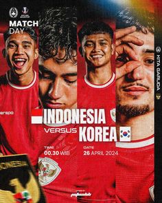 an advertisement for the match between indonesia and korea in which players are wearing red jerseys