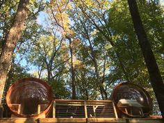 two large metal bowls sitting on top of a wooden platform in the woods next to trees