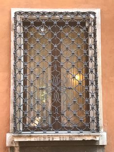 a window with iron bars on it and a cat sitting in the window sill