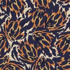 an orange and black flower pattern on a white background with blue, yellow and brown colors