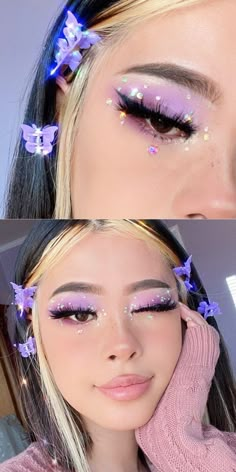 Purple Make Up Aesthetic, Pastel Purple Eyeshadow Looks, Purple Makeup Looks With Rhinestones, Purple Eyeshadow With Gems, Makeup Ideas For Birthday Girl, Makeup With Purple Hair, Purple Festival Makeup, Purple Butterfly Makeup