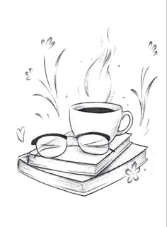 a cup of coffee on top of two books with eyeglasses resting on them