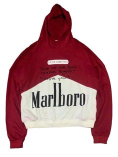 Marlboro Hoodie Red Letter Print Hoodie, Hooded Windbreaker With Letter Print For Fall, Hooded Windbreaker With Kangaroo Pocket For Streetwear, Vintage Hooded Sweatshirt With Pockets, Cotton Jackets Women, Varsity Jacket Women, Shearling Jacket Women, Cafe Racer Jacket, Mens Puffer Jacket