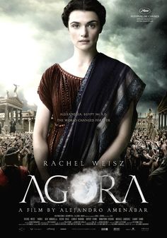 the poster for agora is shown in front of an image of a young man