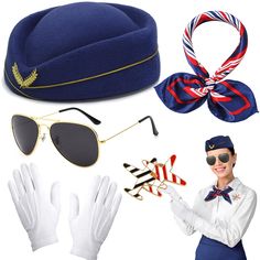 PRICES MAY VARY. ✈️【Stewardess 5 -piece Set】The airline stewardess costume includes stewardess hat, scarves, brooch, sunglasses and gloves. Simple stewardess set helps you to complete the elegant look quickly, meet your party outfit needs. ✈️【Durable Accessories】The stewardess hat are made of polyester and cotton material, gloves with firm stitching; The brooch is made of high -quality alloy, which is sturdy and durable, and it is not easy to fade. The silk scarf fabrics are soft and comfortable Flight Attendant Costume, Stewardess Costume, 1950s Accessories, Airline Stewardess, Halloween Party Dress, Halloween Fest, Fashion Gloves, Ways To Wear A Scarf, Salou