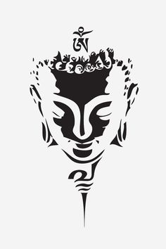 a black and white image of a buddha head with flowers on it's forehead