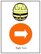 an orange and white sign with the words right turn next to a cartoon character wearing a bee costume