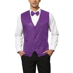 The Sleeveless v-neck, all-over sequin design, makes you unique in the crowd. This classic single-breasted party suit vest in slim tailoring perfectly shows your charm. This sequined waistcoat is matched with a bow tie, trousers, shirt, and blazer to build up a bright and handsome appearance. Suitable for multiple occasions, Father's Day, nightclubs, performance costumes, birthday parties, music festivals, Christmas, Halloween, role-playing, etc. Model Body Size: Height: 6'1", Chest: 38 2/8 inches, Waist: 30 6/8 inches, Hip: 42 1/8 inches, Weight: 175 lbs, model is wearing a size Large. International Size----------Chest Girth----------Shoulder Width----------Back Length S--------------------------------39 ---------------------15 ---------------------24 3/4 M-------------------------------4 Dress Suit Vest, Mens Vest Casual, Tuxedo Vest, Mens Suit Vest, Sequin Design, Party Suits, Dress Suit, Casual Vest, Purple Outfits