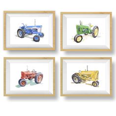 four framed pictures of farm tractors in various sizes and colors, on a white background