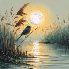 a painting of a bird sitting on a branch by the water at sunset or sunrise