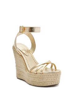 Leather upper, insole Plastic, rope heel Rubber sole Buckle styling Imported | Alexandra Wedge Heels by Schutz in Gold, Women's, Size: 9, Leather/Plastic/Rubber at Anthropologie Rhinestone Wedges, Rose Gold Accessories, Rubber Patch, Espadrilles Platform, Open Toed Heels, Platform Wedge Sandals, Dream Shoes, Metallic Leather, Platform Wedges