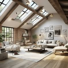 a living room filled with furniture and lots of windows on top of the roof beams