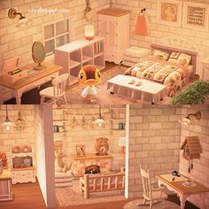 two pictures of the same room in an animated style, with furniture and accessories on display