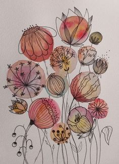 watercolor and ink drawing of flowers on white paper