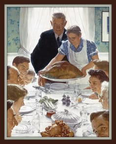 a painting of people around a table with a turkey in the middle and another man standing over it