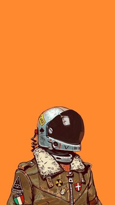 a drawing of a man in uniform with a helmet on his head and an orange background