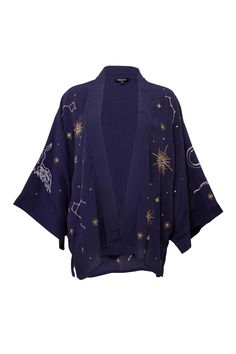 Our bestselling kimono jackets have Japanese inspired wide sleeves. They are fully lined so a good weight for wearing out of the  house over dresses or with jeans to add style with ease to any outfit! This navy blue kimono features gold and ivory cosmos embroidery. The stars, the heavens and mythical beasts are playfully embroidered on this stunning kimono that is a piece of wearable art. The outer fabric and lining are 100% Viscose.  Dry clean only. Cosmos Embroidery, Navy Blue Kimono, Blue Cosmos, Ceremonial Clothing, Mythical Beasts, Blue Kimono, Casual Kimono, Stocking Fillers For Her, Short Kimono