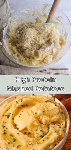 mashed potatoes in a bowl with butter and parsley on top, and the words high protein mashed potatoes below