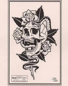 a black and white drawing of a skull with roses on it's head, holding a snake