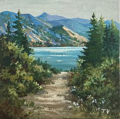 an oil painting of a path leading to the ocean with mountains in the back ground