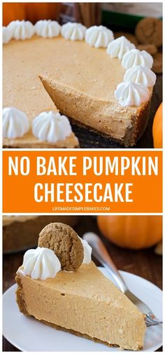 no bake pumpkin cheesecake on a plate with a slice cut out and topped with whipped cream