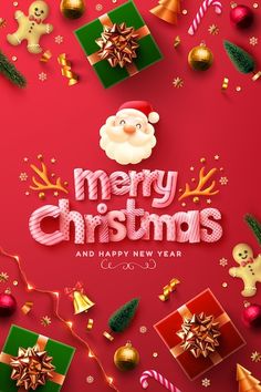 merry christmas and happy new year greeting card with santa clause on red background, surrounded by presents