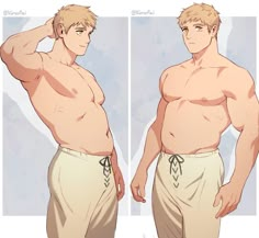 two pictures of a man with no shirt on, and without his shirt is showing