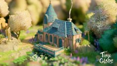 an animated image of a house in the middle of trees and bushes with flowers around it