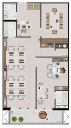 an overhead view of a kitchen and living room in one floor plan, with furniture arranged on the other side