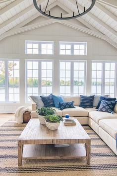 a living room with couches, coffee table and large windows in the ceiling area