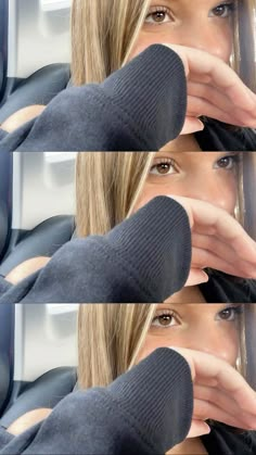 the woman's hands are covering her face with black gloves and she is looking at the camera