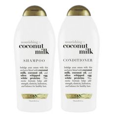 Soften, hydrate & transport hair to the tropics with every swish with the OGX Nourishing + Coconut Milk Shampoo and Conditioner. Suitable for all hair types and textures, this moisturizing shampoo strengthens and hydrates hair, leaving it looking glowing, healthy and beautiful. This deeply nourishing blend, infused with coconut oil, coconut milk, and egg white proteins, helps add luster and softness to hair for smooth and healthy-looking hair. Expect super shine and added moisture with every was Ogx Shampoo Aesthetic, Cheap Shampoo And Conditioner, Coconut Shampoo And Conditioner, Curly Hair Conditioner, Ogx Coconut Milk, Ogx Shampoo, Coconut Milk Conditioner, Ogx Hair Products, Coconut Oil Shampoo