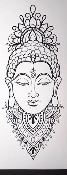 a black and white drawing of a buddha face