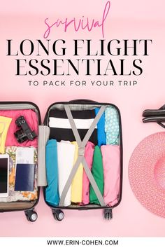 an open suitcase with clothes and accessories inside on a pink background text reads survival long flight essentials to pack for your trip