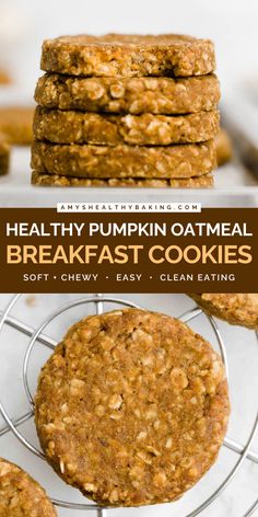 These soft and chewy oatmeal cookies are a perfect morning breakfast idea! These Healthy Pumpkin Oatmeal Breakfast Cookies are full of flavor and spices, and they're also clean eating with a gluten free option. This healthy baking idea is a tasty snack recipe, too! Gluten Free Pumpkin Breakfast, Breakfast Cookies For Kids, Pumpkin Oatmeal Breakfast, Healthy Pumpkin Cookies, Healthy Pumpkin Oatmeal, Eating Low Calorie, Pumpkin Oatmeal Chocolate Chip, Chewy Pumpkin Cookies, Oatmeal Cookies Vegan