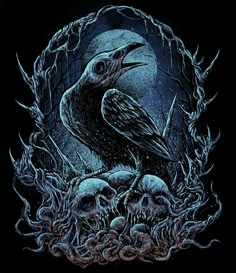 a bird sitting on top of a pile of skulls in front of a full moon