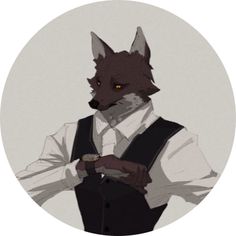 a drawing of a fox wearing a white shirt and black vest