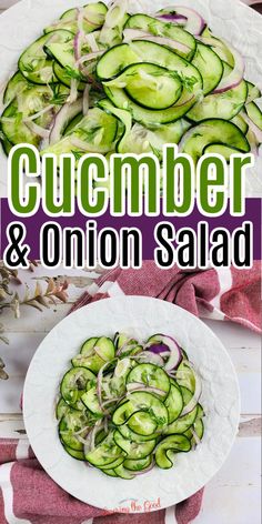 cucumber and onion salad on a plate with the title overlay above it