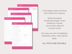 three sheets of pink paper with text that says track baby's daily activities with these five trackers