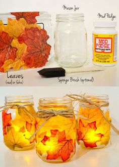 mason jars filled with fall leaves are shown