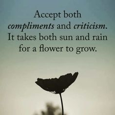 a black and white photo with the words accept both compliments and critiism it takes both sun and rain for a flower to grow