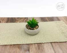 a small potted plant sitting on top of a wooden table next to a rug