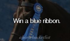 a horse with a blue ribbon around its neck and the words win a blue ribbon on it