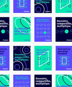 six different types of brochures in blue and green