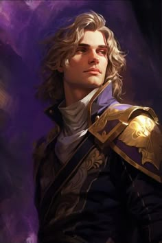 a painting of a man with long blonde hair wearing a purple and gold outfit, standing in front of a purple background