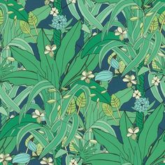 a blue and green wallpaper with leaves and flowers