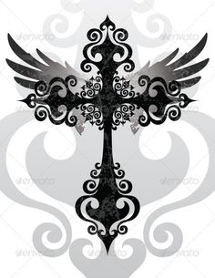 an ornate cross with wings and swirls on it's back ground, in black and white